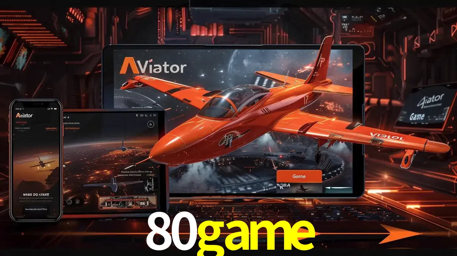 Apresentação tecnológica do jogo Aviator com um avião saindo da tela de um tablet, demonstrando a experiência imersiva em múltiplos dispositivos no 80game.