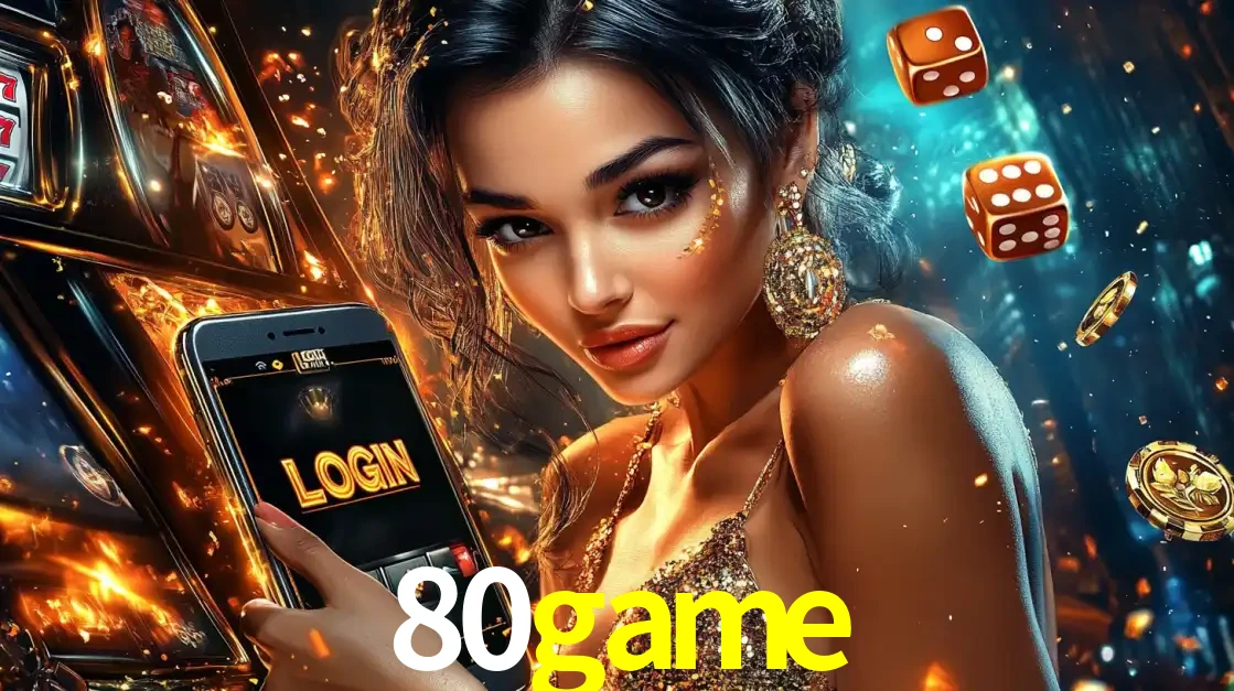 Mulher glamourosa segurando um celular com a tela de login do cassino 80game, rodeada por dados e moedas douradas, pronta para começar a diversão.