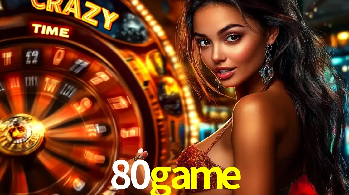 Mulher ao lado da roda de prêmios do jogo de cassino ao vivo Crazy Time, um dos shows de jogos mais emocionantes oferecidos pela plataforma de apostas 80game.