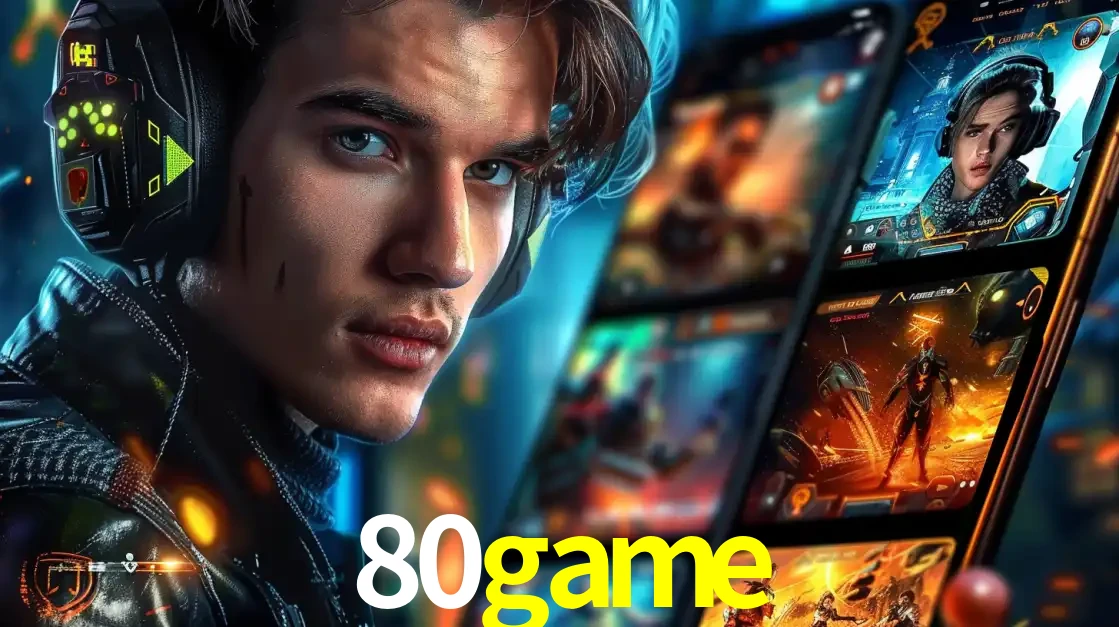 Jovem jogador com fones de ouvido olhando para a câmera, com um aplicativo de jogos e e-sports para celular ao fundo, pronto para a competição e apostas no 80game.