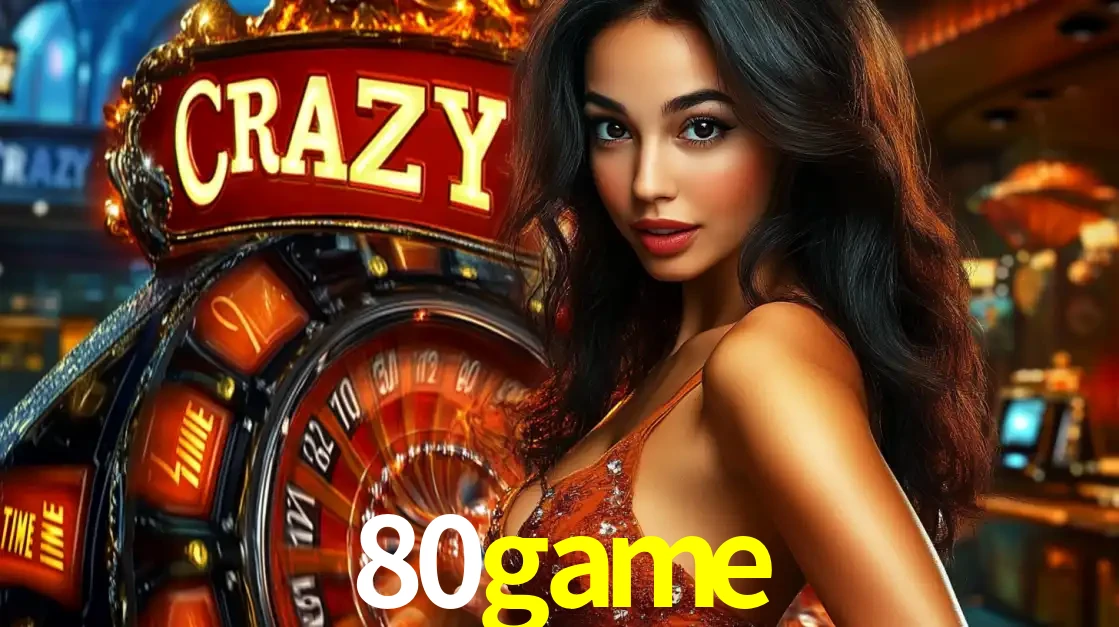 Mulher glamourosa olhando para a câmera com a roda vermelha do Crazy Time ao fundo em um ambiente de cassino, destacando a emoção dos jogos ao vivo no 80game.