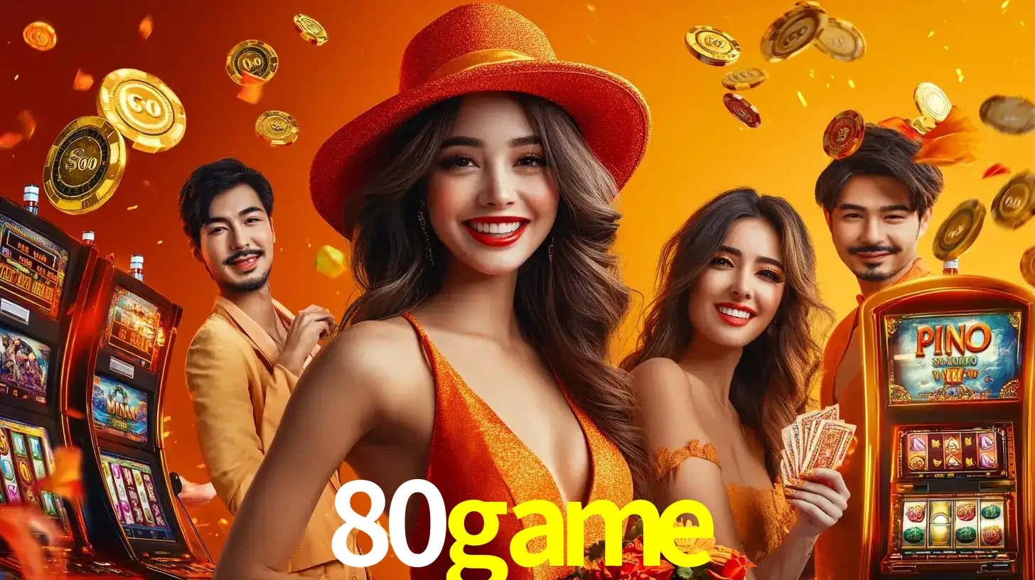 Grupo de amigos asiáticos sorrindo e se divertindo com máquinas de caça-níqueis em um ambiente festivo, celebrando suas vitórias nos jogos de cassino do 80game.