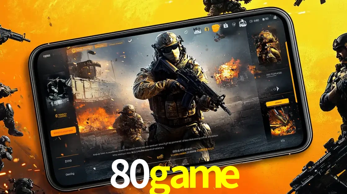 Um smartphone exibindo a interface de um jogo de tiro em primeira pessoa, com um soldado em um cenário de batalha, representando a ação dos e-sports para apostar no 80game.