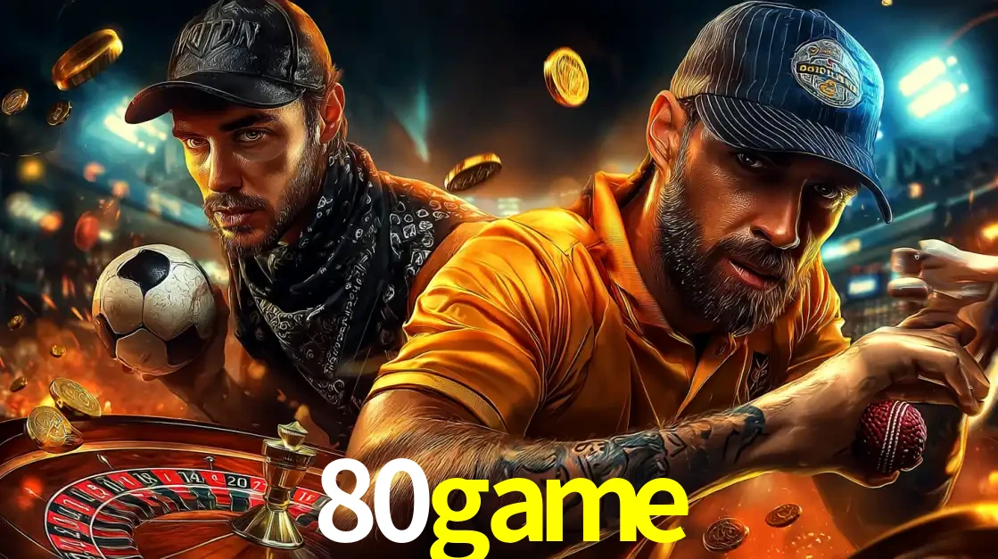 Montagem de apostas esportivas e cassino no 80game, com um homem segurando uma bola de futebol e outro uma de beisebol sobre uma roleta e moedas voadoras.