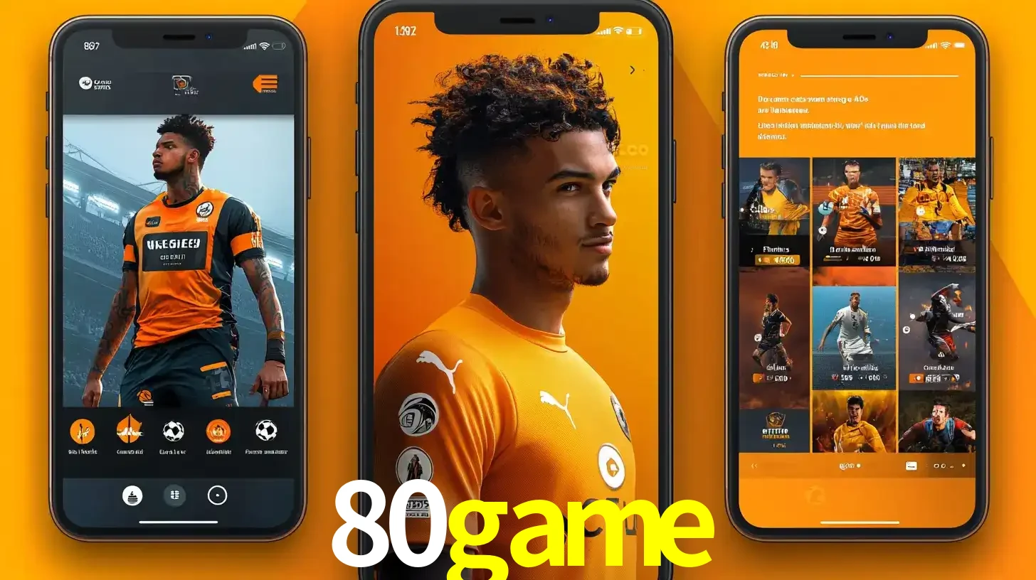 Interface do aplicativo de apostas esportivas 80game em três telas de celular, mostrando o perfil de um jogador de futebol e a lista de jogos disponíveis para apostar.