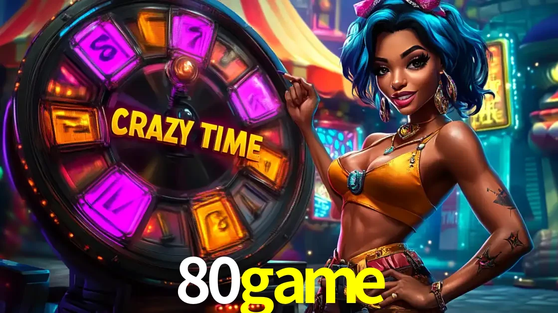 Mulher estilizada com cabelo azul e visual vibrante posando ao lado da roda de prêmios do game show Crazy Time, convidando para a diversão e os bônus do cassino 80game.