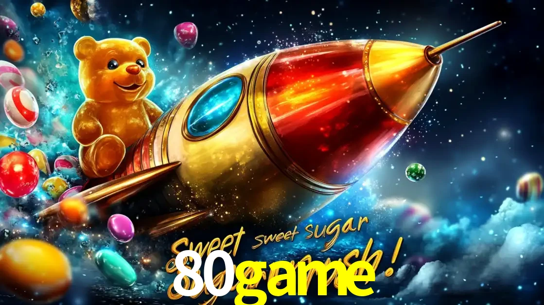 Arte promocional do jogo de slot Sugar Rush, com um urso de pelúcia em um foguete viajando pelo espaço de doces, um dos jogos divertidos disponíveis no cassino 80game.