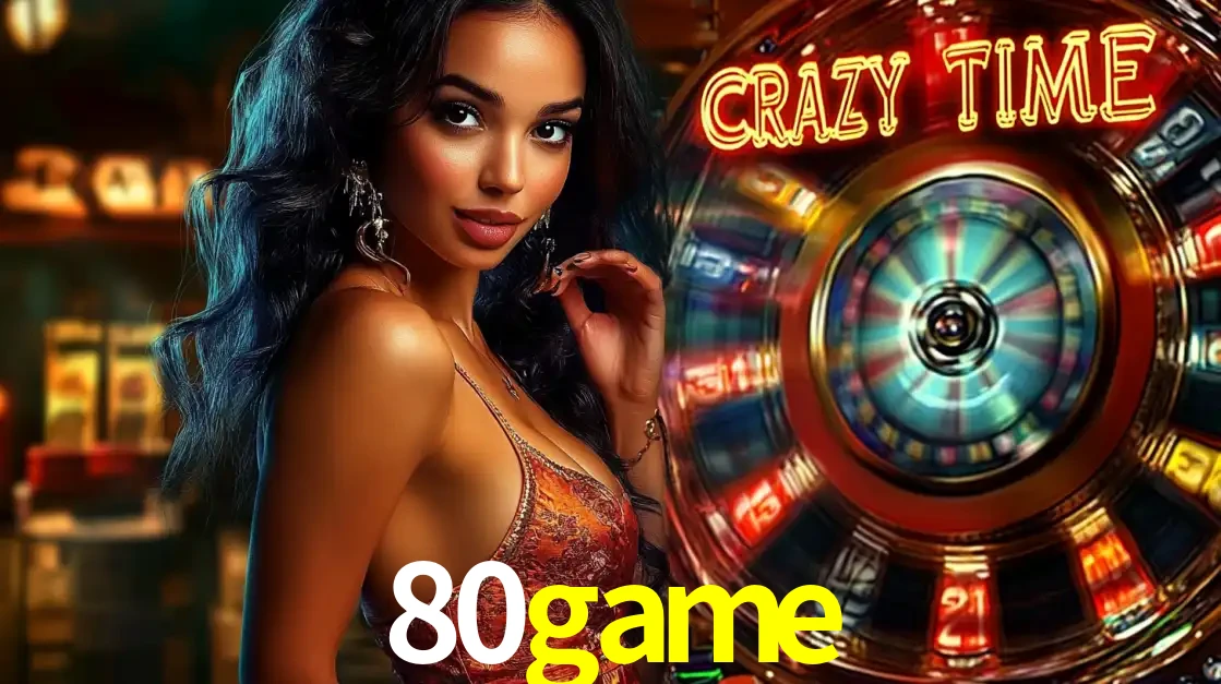 Mulher elegante ao lado da vibrante roda da fortuna do jogo de cassino ao vivo Crazy Time, um dos game shows mais populares e cheios de prêmios do 80game.