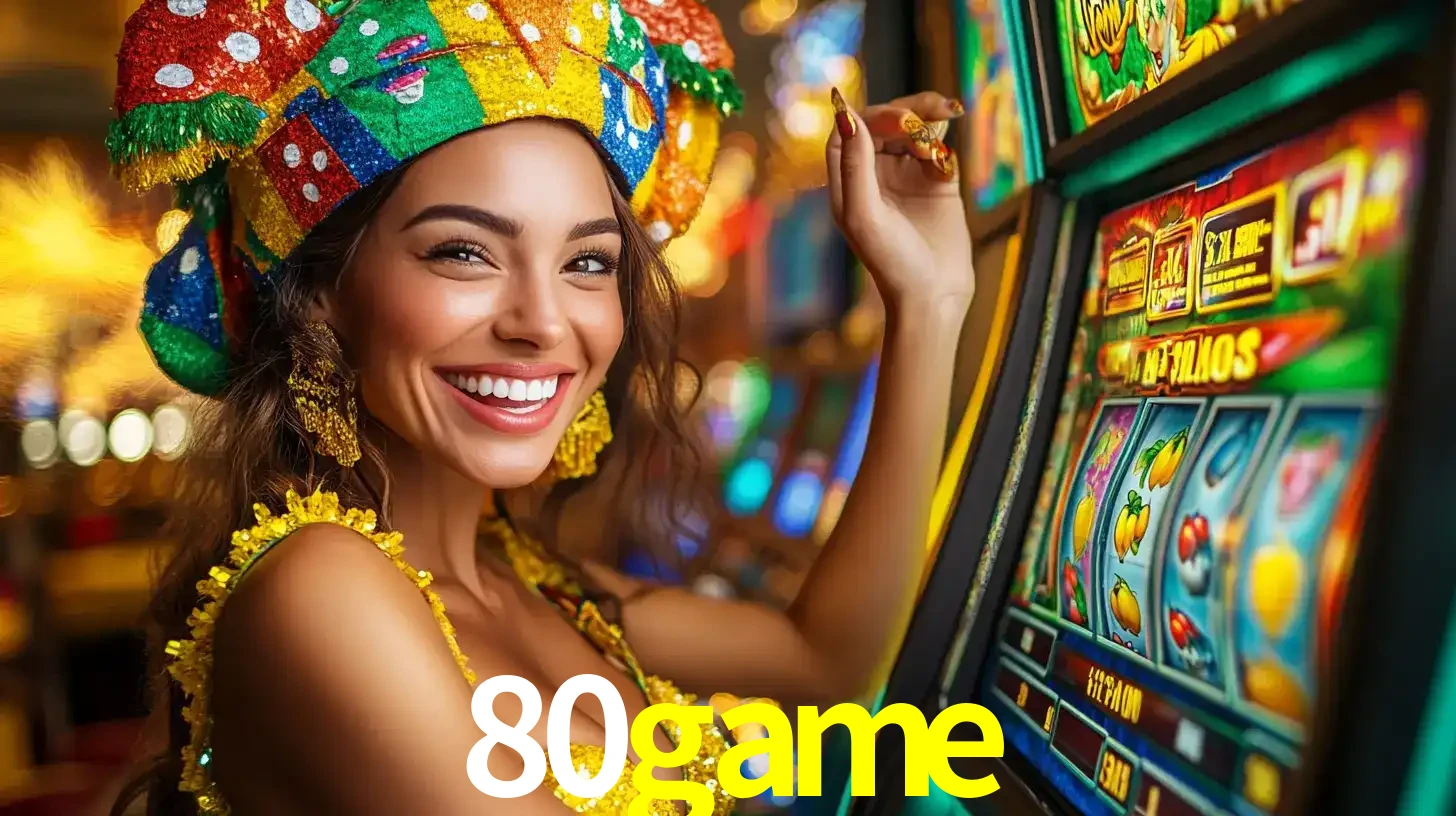 Mulher feliz com traje de carnaval amarelo e colorido ao lado de uma máquina de caça-níqueis, aproveitando a diversão e os jogos temáticos do cassino 80game.