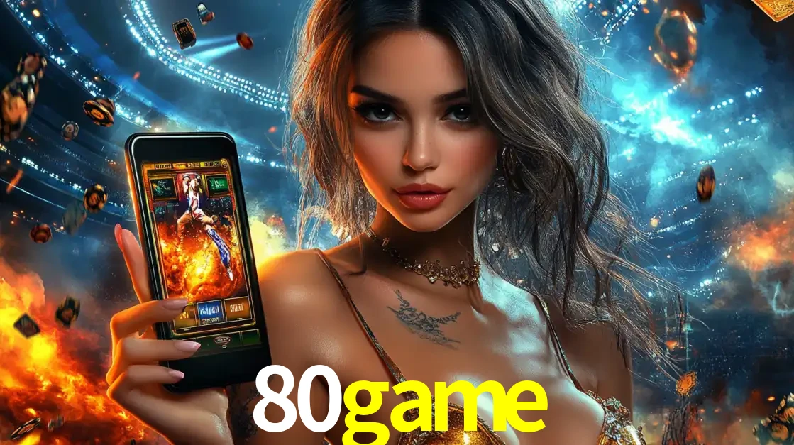 Mulher segurando um celular com um jogo de slot em destaque, tendo como fundo um estádio vibrante, simbolizando a emoção de jogar no cassino móvel 80game.