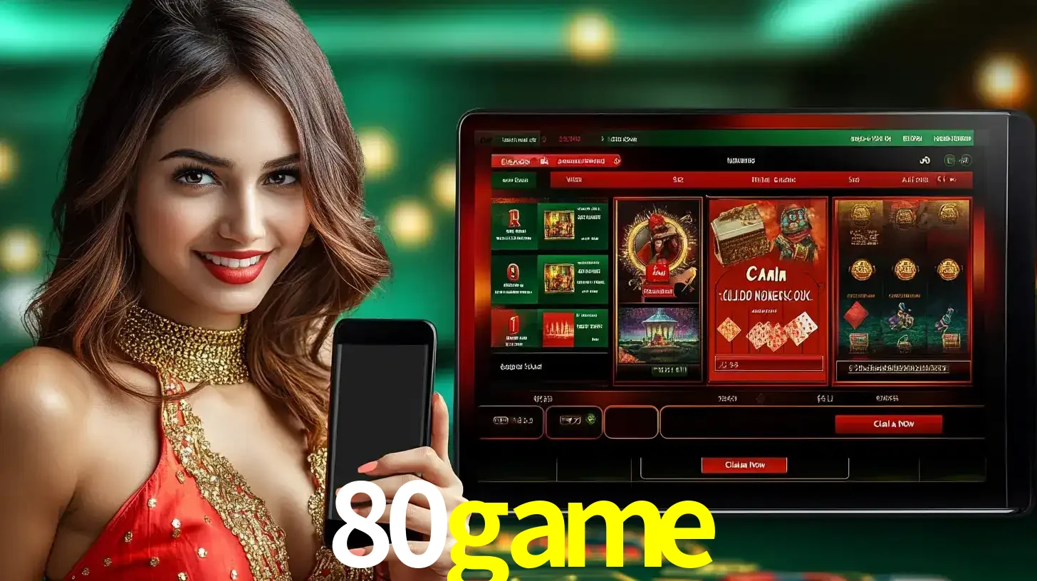 Mulher sorridente segurando um smartphone, ao lado de uma tela exibindo o lobby de jogos do cassino online 80game, com várias opções de jogos de cartas e slots.